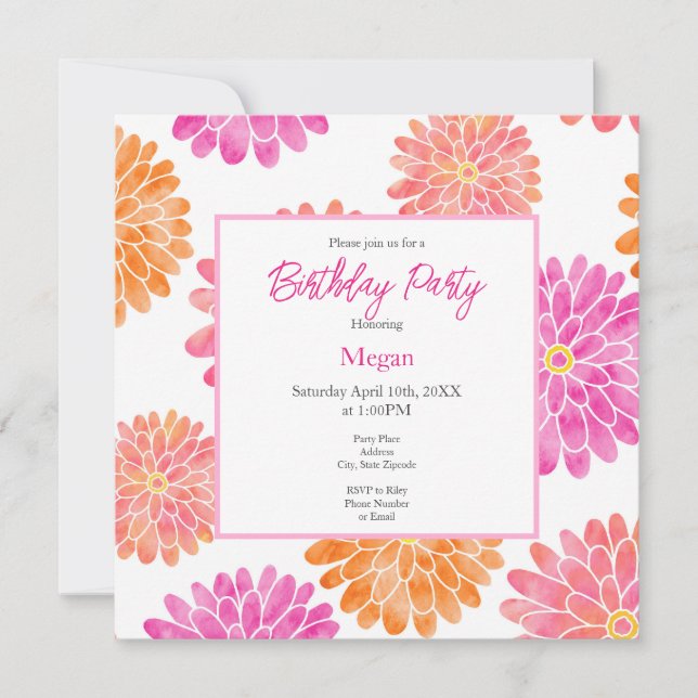 Peach Pink Orange Wasserfarbe Zinnia Muster Einladung (Vorderseite)