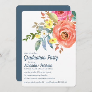 Peach Pink Peonies Blue Graduation Invitation