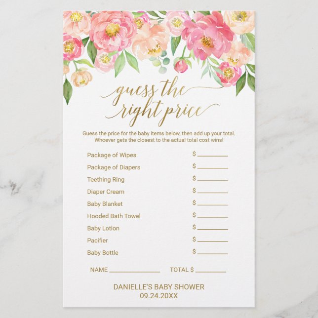 Peach & Pink Peony Baby Word Scramble & Price Game (Vorderseite)