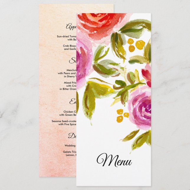 Peach Pink Red Aquarelle Florale Mariage Carte Men (Devant / Derrière)