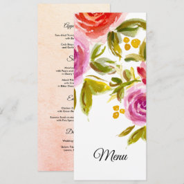 Peach Pink Red Watercolor Floral Wedding Menu Card Menükarte
