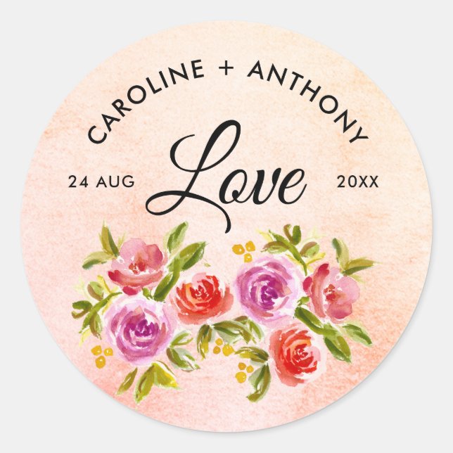 Peach Pink Red Watercolor Floral Wedding Runder Aufkleber (Vorderseite)