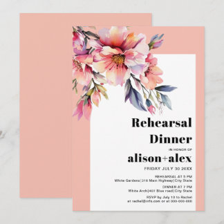 Peach-pink rhododendron wedding rehearsal dinner einladung