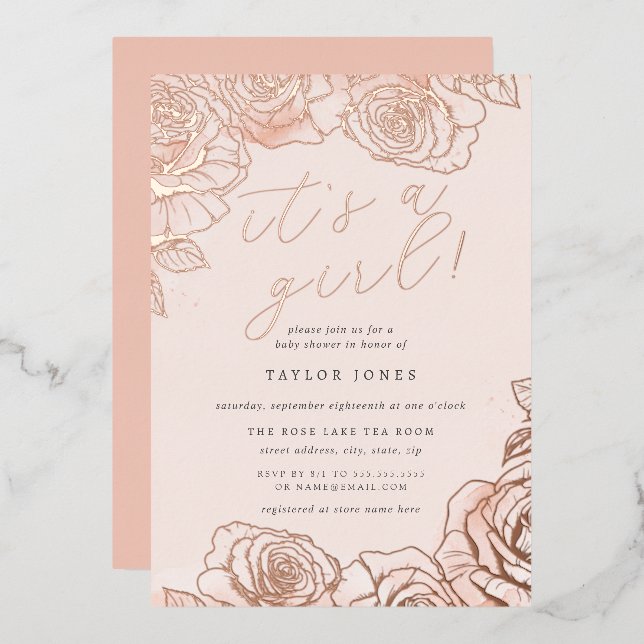 Peach Pink Rose Gold Es ist eine Girl Baby Dusche Folieneinladung (Vorderseite/Rückseite)