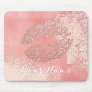 Peach Pink Rose Metallic Name Makeup Lips Kiss Mousepad