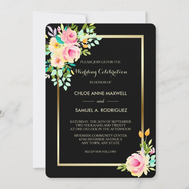 Peach Pink Roses on Black Wedding Einladung (Vorderseite)