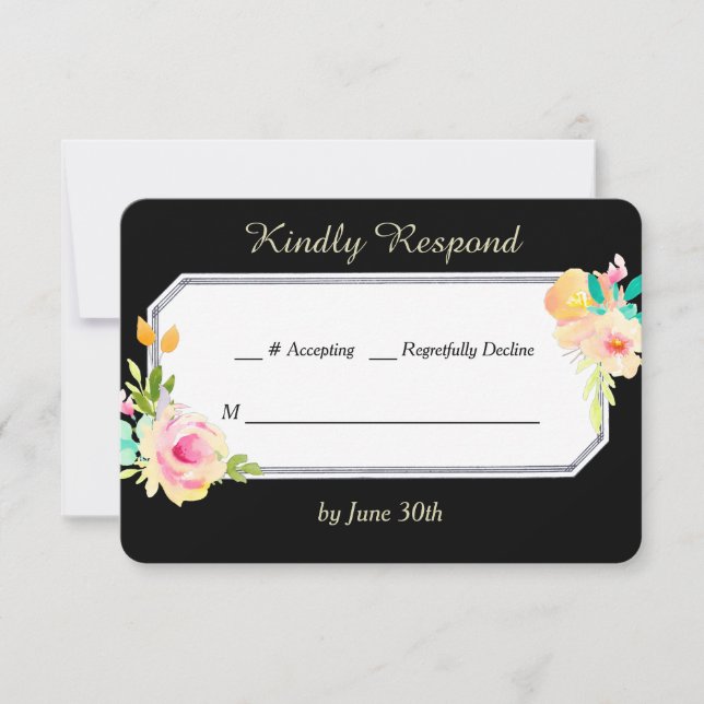 Peach Pink Roses on Black Wedding RSVP (Vorderseite)
