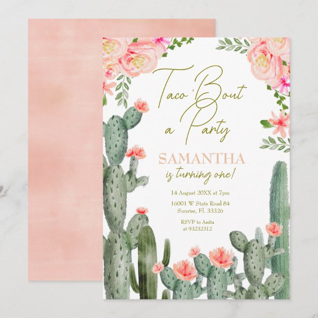 Peach Pink Taco Cactus Birthday Einladung (Vorne/Hinten)