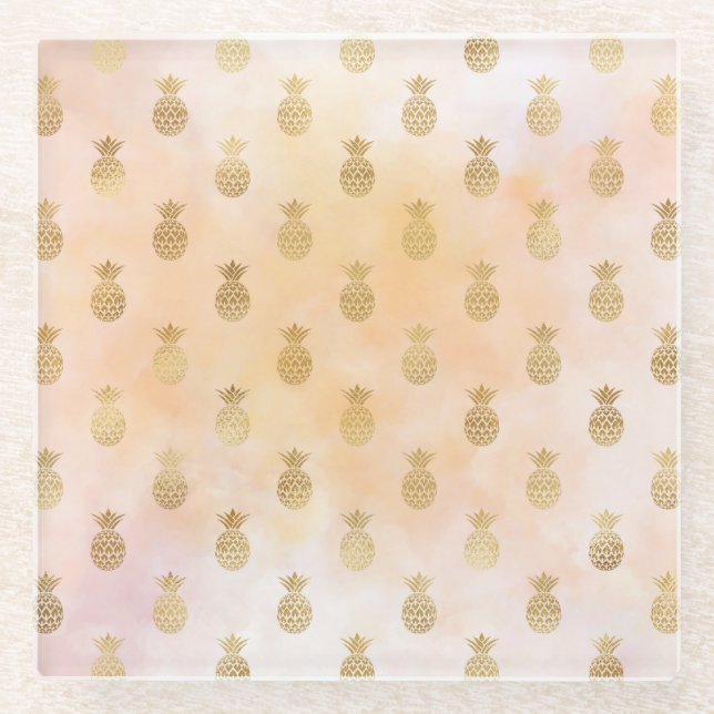 Peach Pink Tropical Gold Ananas Glasuntersetzer (Vorderseite)