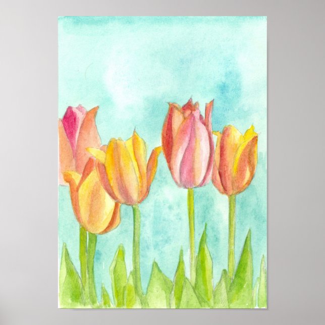 Peach Pink Tulip Pastell Aquarellfarben Blume Poster (Vorne)