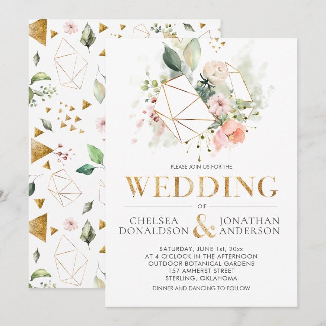 Peach Pink Watercolor Blumenterrasse Hochzeit Einladung (Vorne/Hinten)
