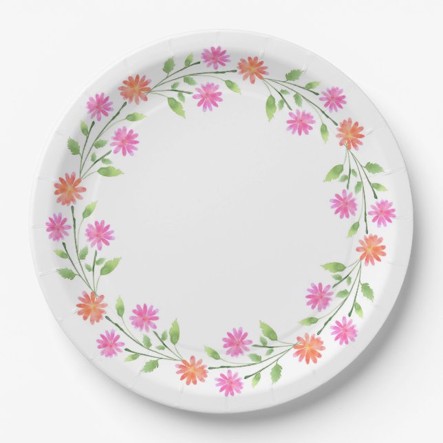 Peach & Pink Watercolor Daisiath Wreath Pappteller (Vorderseite)
