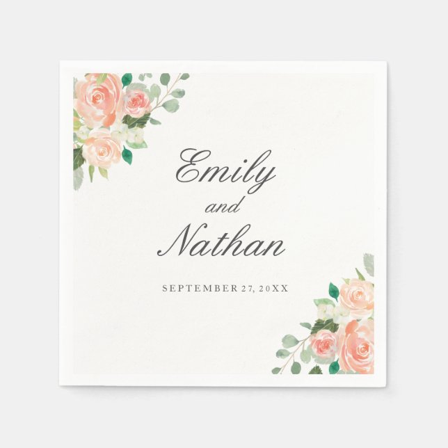 Peach Pink Watercolor Floral Wedding Napkin Serviette (Vorderseite)