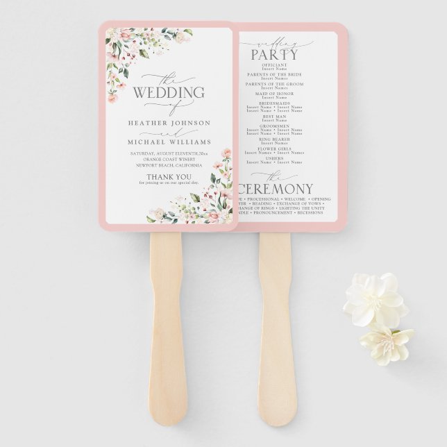 Peach Pink Watercolor Floral Wedding Program Fächer (Vorne und Hinten)