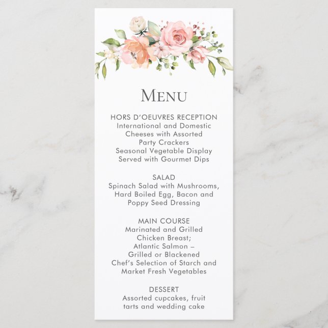 Peach Pink White Floral Bouquet Menü Rack Cards Menükarte (Vorderseite)