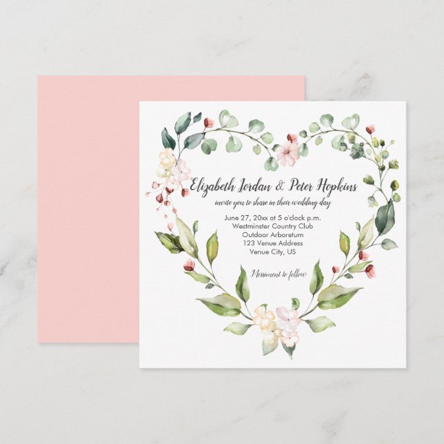 Peach Pink White Green Floral Herzkranz Hochzeit Einladung (Vorne/Hinten)