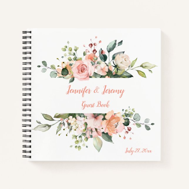 Peach Pink White Green Floral Wedbook Notizbuch (Vorderseite)