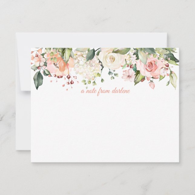 Peach Pink White Roses White Hydrangees Monogramm Mitteilungskarte (Vorderseite)