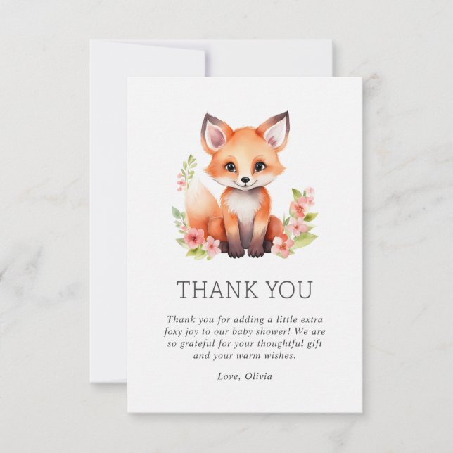 Peach Pink Woodland Fox Baby Shower Dankeskarte (Vorderseite)