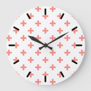 Peach polka Kreuze auf weiß Große Wanduhr