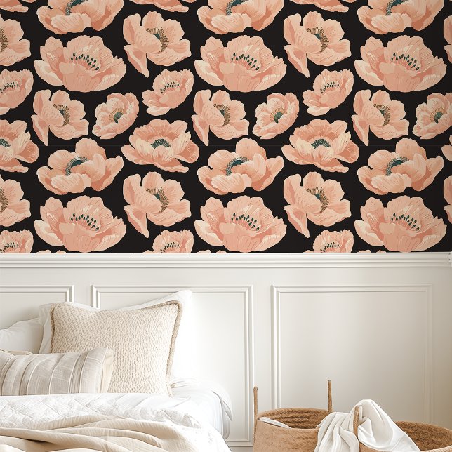 Peach Poppies on Black Elegant Floral Tapete (Von Creator hochgeladen)