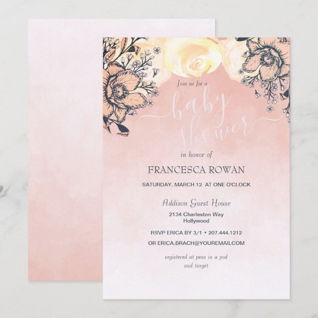 Peach Poppy + Rose Kinderdusche Einladung (Vorne/Hinten)