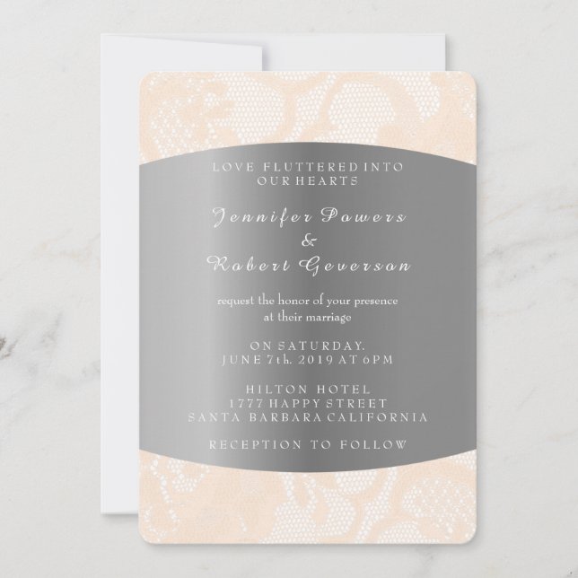 Peach Powder Lace Silver Wedding Royal Einladung (Vorderseite)