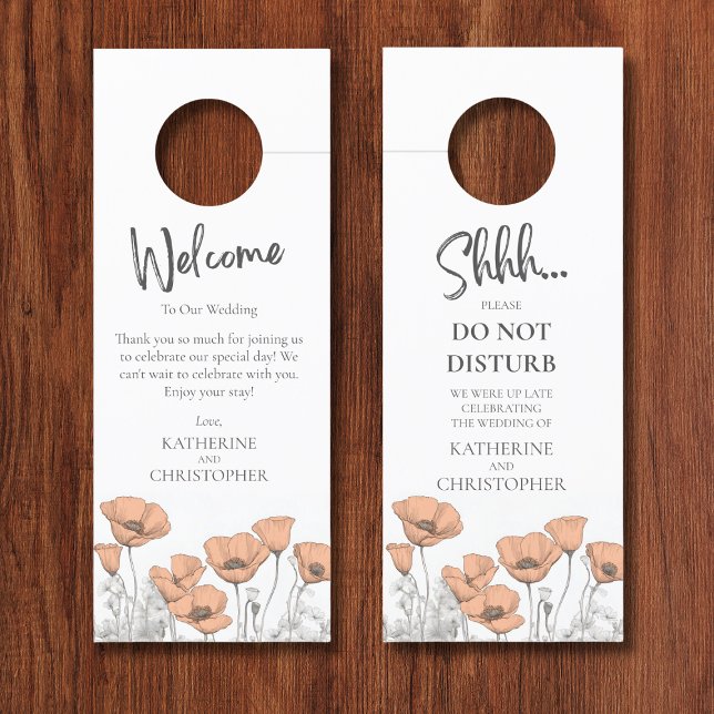Peach Ppies, die die Hochzeit nicht stören Türanhänger (Wedding Hotel Peach Poppies Shhh Door Hanger with Custom Welcome Message and Couple Names.
)