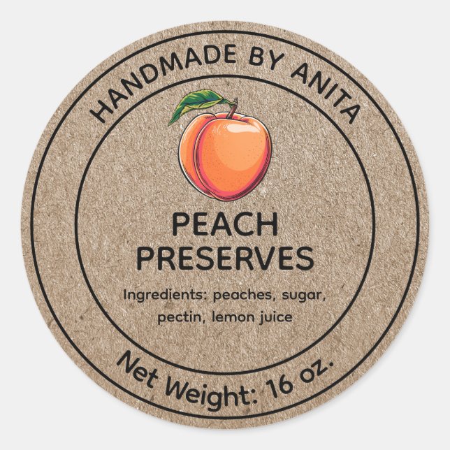Peach Preserve Jelly Jam Jar Étiquette Kraft Style (Devant)