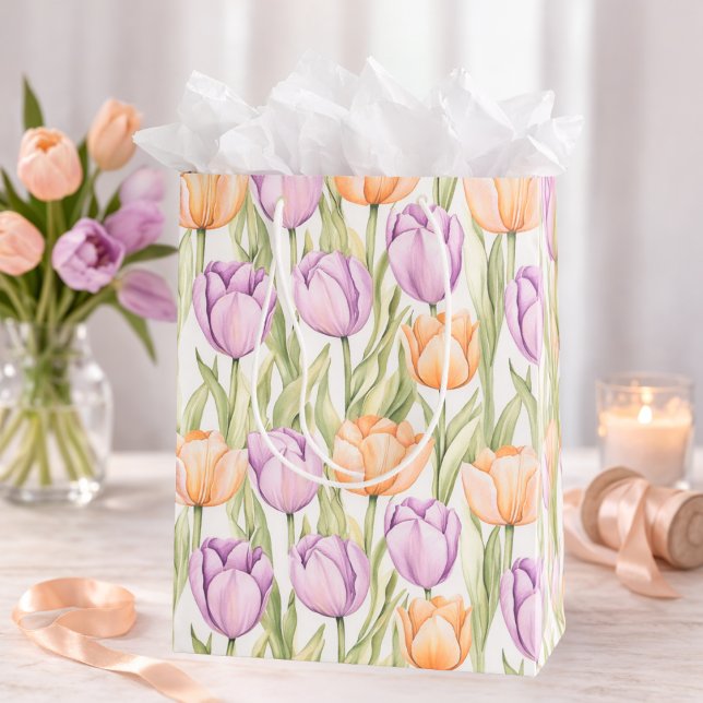 Peach Purple Tulip Pattern Elegant Spring Floral Mittlere Geschenktüte (Von Creator hochgeladen)
