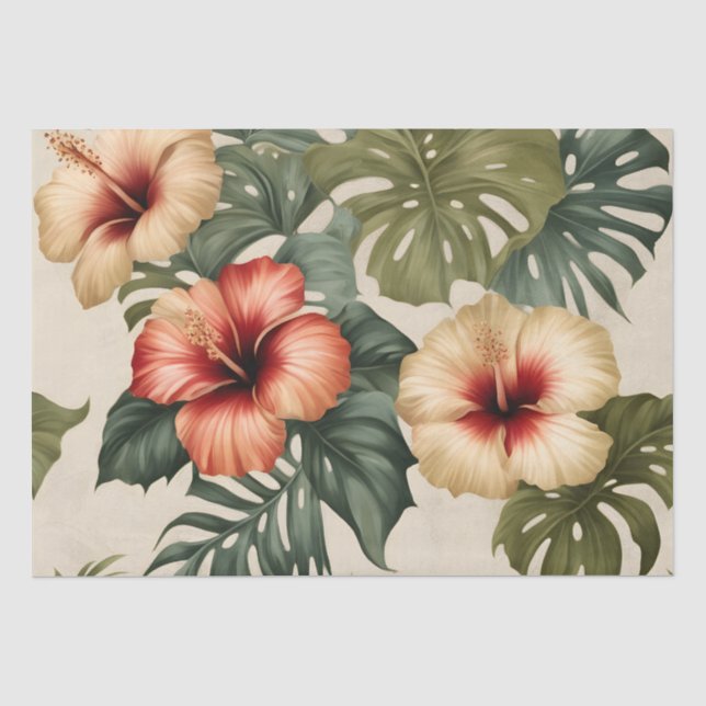 Peach, Red and White Tropical Hibiskus Seidenpapier (Vorderseite)