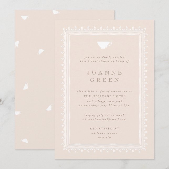 Peach Regency Afternoon Tea Bridal/Polterabend Einladung (Vorne/Hinten)
