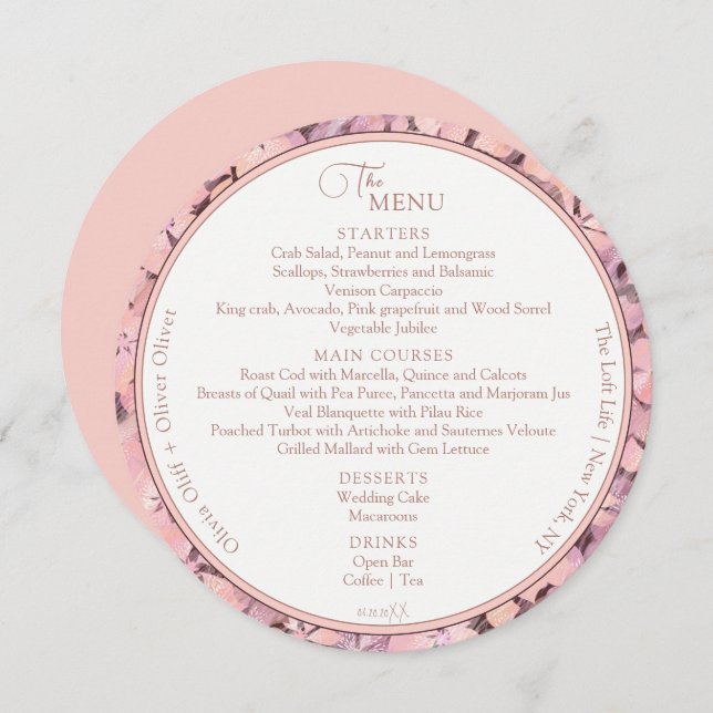 Peach Romance Wedding Circle Menükarte (Vorne/Hinten)