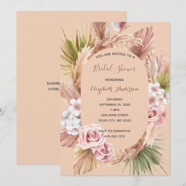 Peach Rose Boho Floral Trendy Brautparty Einladung (Vorne/Hinten)