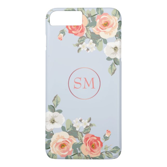 Peach Rose Dusty Blue Floral Monogram Case-Mate iPhone Hülle (Rückseite)
