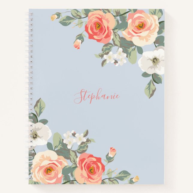 Peach Rose Dusty Blue Floral Personalisiert Notizbuch (Vorderseite)