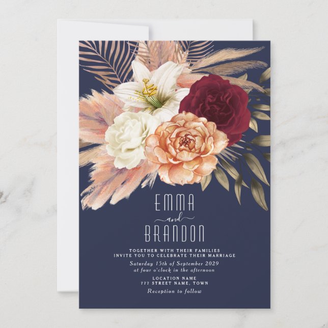 Peach Rose Floral Burgundy Navy Blue Wedding Einladung (Vorderseite)