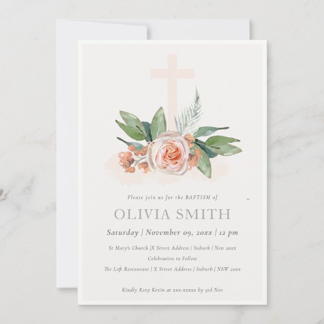 Peach Rose Floral Cross Bunch Baptism Invitation (Devant)