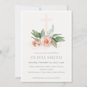 Peach Rose Floral Cross Bunch Baptism Invitation