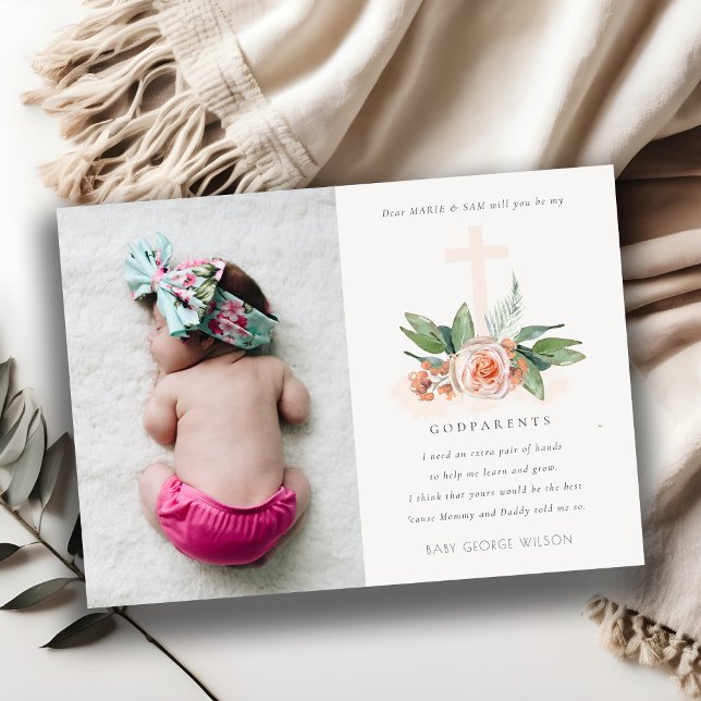 Peach Rose Floral Foto Godparent Vorschlag einlade Dankeskarte (Von Creator hochgeladen)