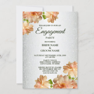 Peach Rose floral Silver Glitzer Engagement Party Einladung