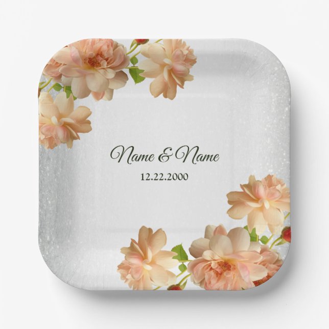 Peach Rose Floral Silver Glitzer Hochzeitsfeier Pappteller (Vorderseite)