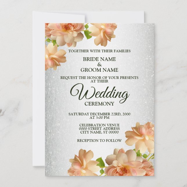 Peach Rose Floral Silver Glitzer Moderne Hochzeit Einladung (Vorderseite)