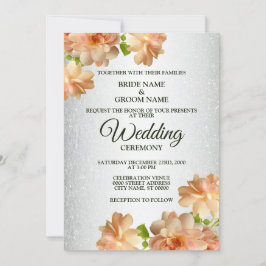 Peach Rose Floral Silver Glitzer Moderne Hochzeit Einladung