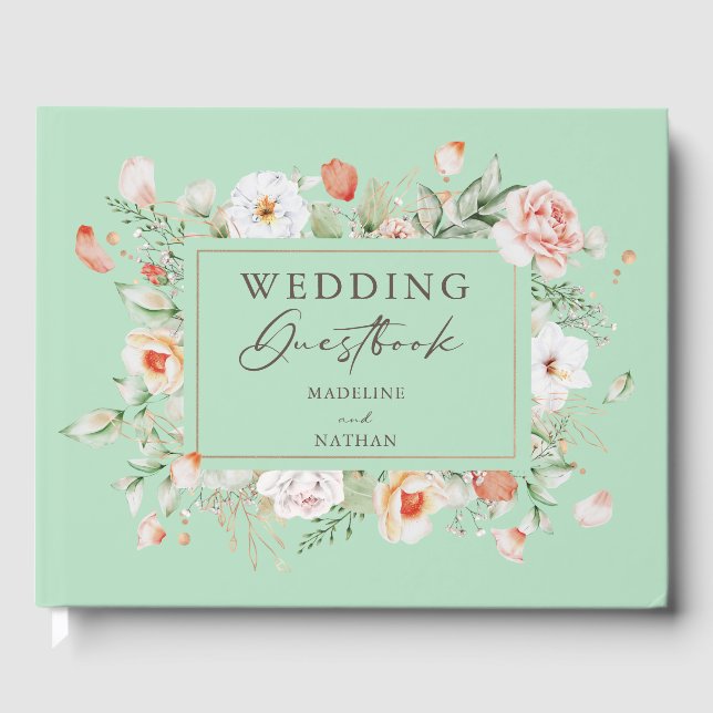 Peach Rose Floral Wedding Gästebuch (Vorderseite)