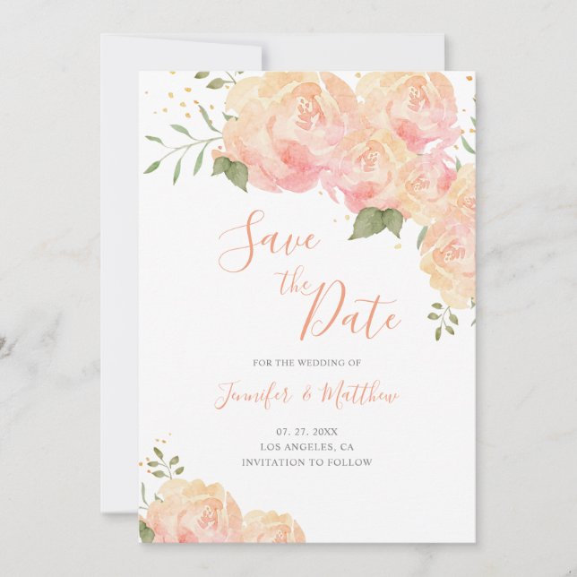 Peach Rose Floral Wedding Save the Date Card (Vorderseite)