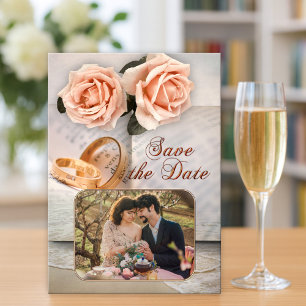 Peach Rose Foto Book Lovers Save the Date Karte