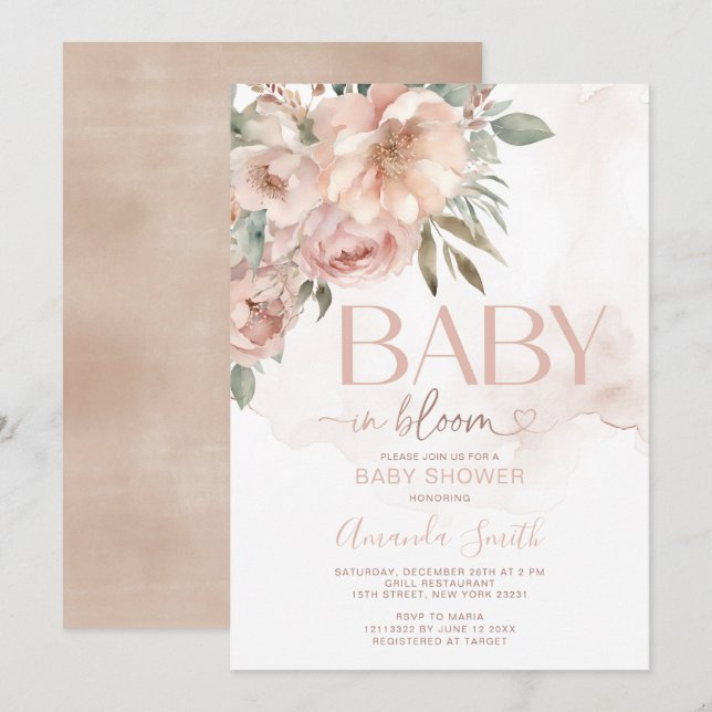 Peach Rose Gold Blume Baby in Bloom Baby Dusche Einladung (Vorne/Hinten)