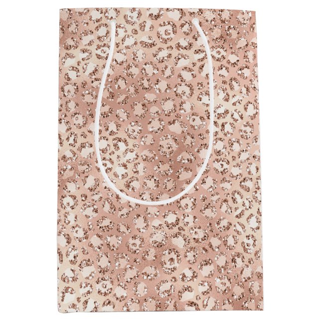 Peach Rose Gold Blush Pink Glitz Leopard Print Mittlere Geschenktüte (Vorderseite)