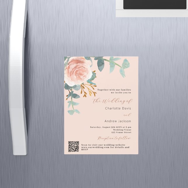 Peach Rose Gold floral QR UAWG Luxus Hochzeit Magneteinladung (Von Creator hochgeladen)
